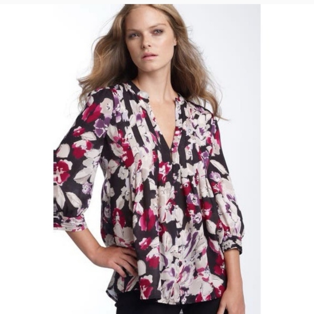 Joie Mesa Silk Floral Pintuck Loose Flowy Top M